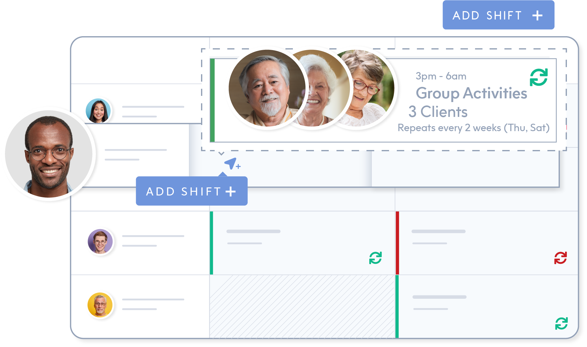 Assigning shifts for multiple aged care clients to a worker using ShiftCare's rostering function