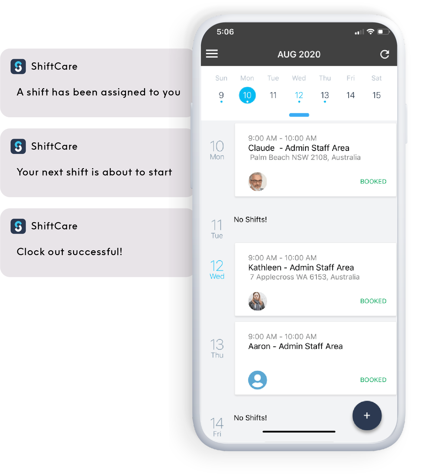 ShiftCare mobile app showing a worker's schedule with notifications for new shifts, upcoming shifts, and successful clock outs
