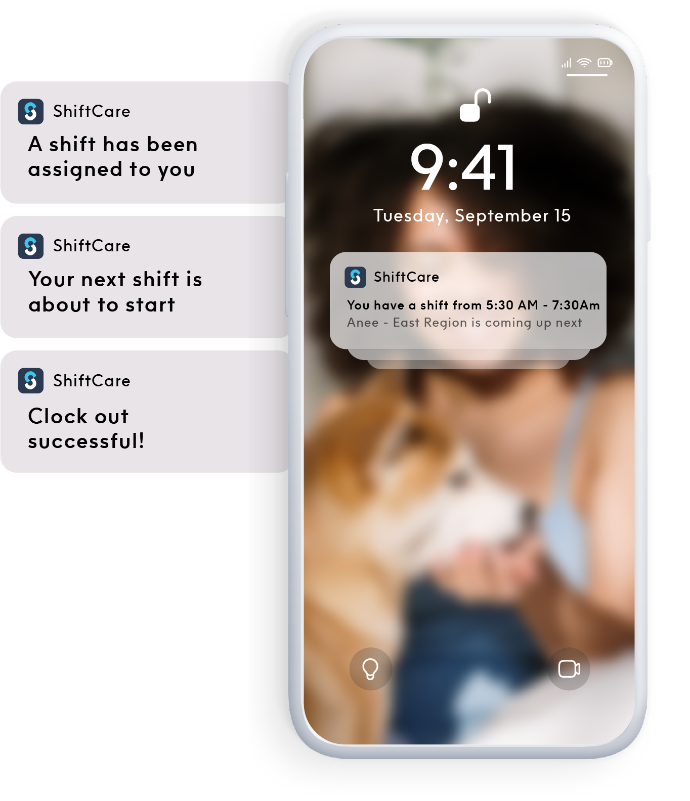 Phone with ShiftCare notifications about new shifts, upcoming shifts, and clock outs