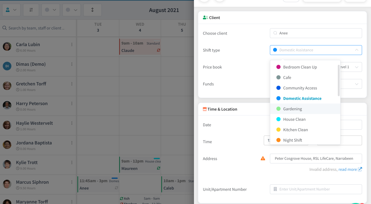 ShiftCare scheduler with coloured tags options