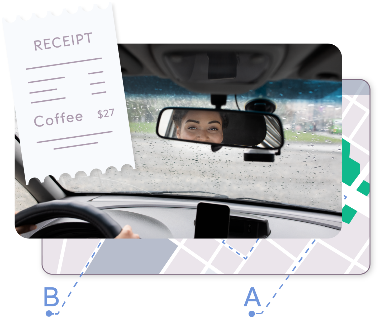Support worker looking into rear view mirror over ShiftCare GPS and fund tracking graphic