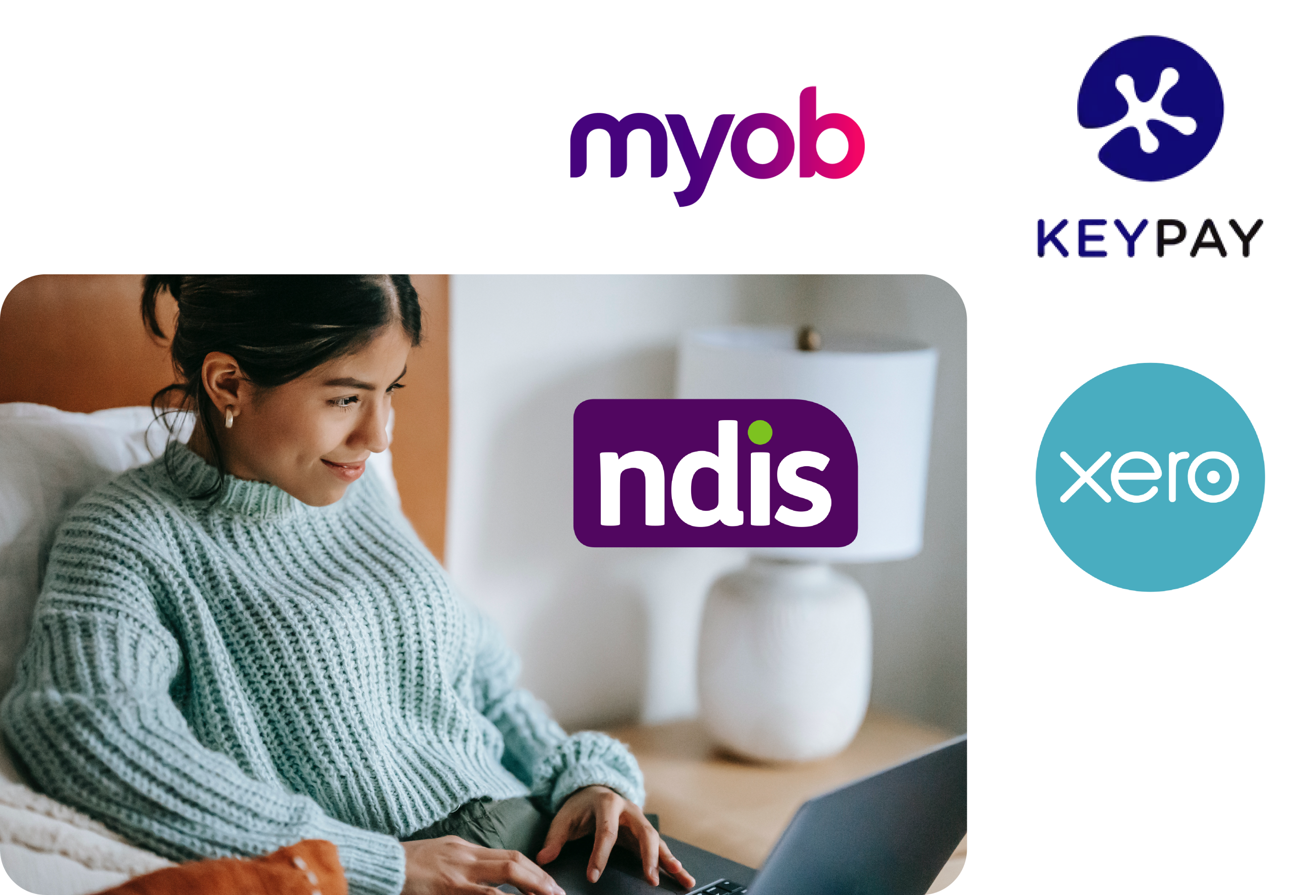 Disability service provider working on her laptop using integrated payroll software like MYOB, KeyPay, Xero, and NDIS on ShiftCare