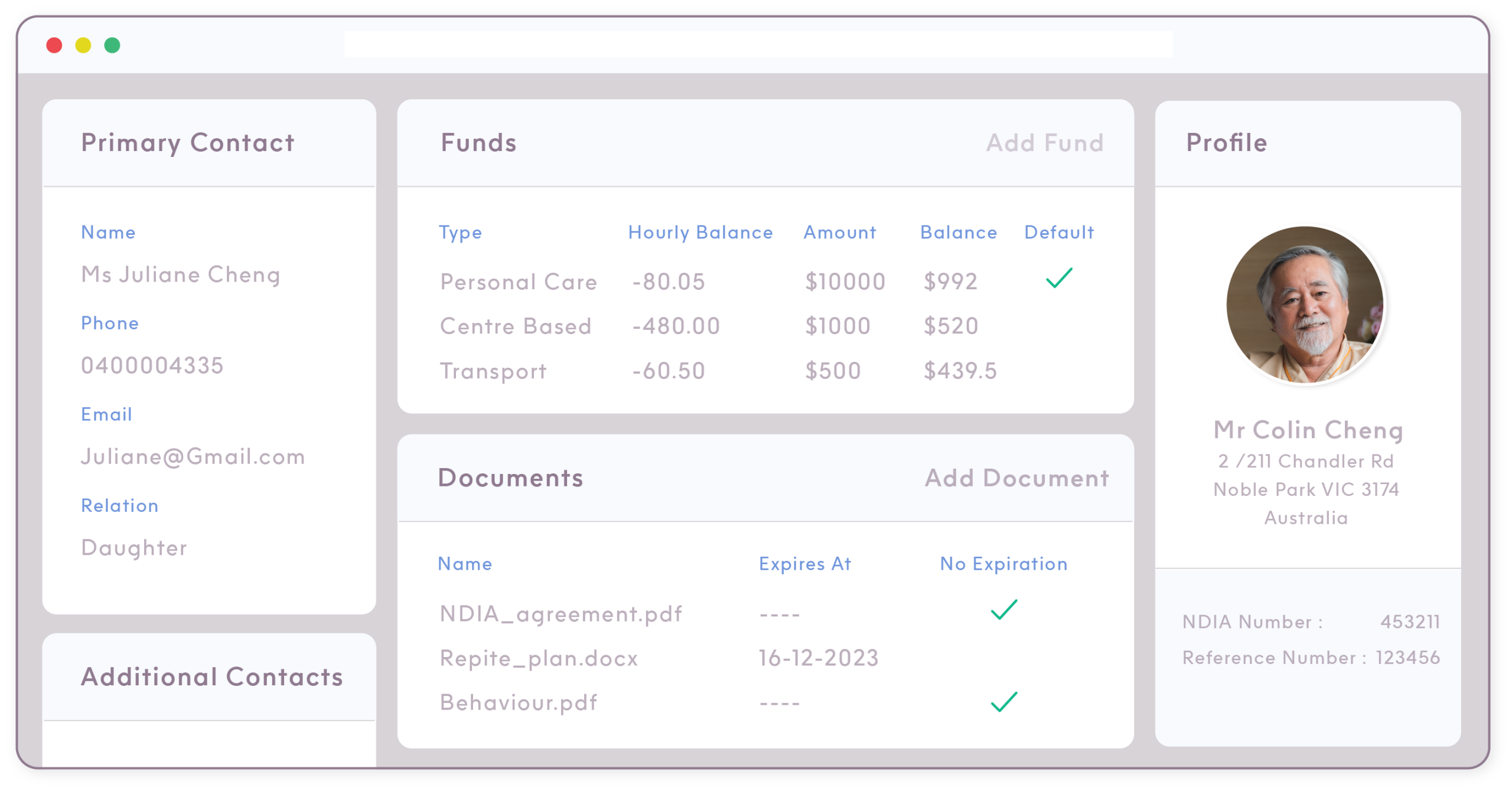 Client profile on ShiftCare showing available funds, documents, contact details, and address