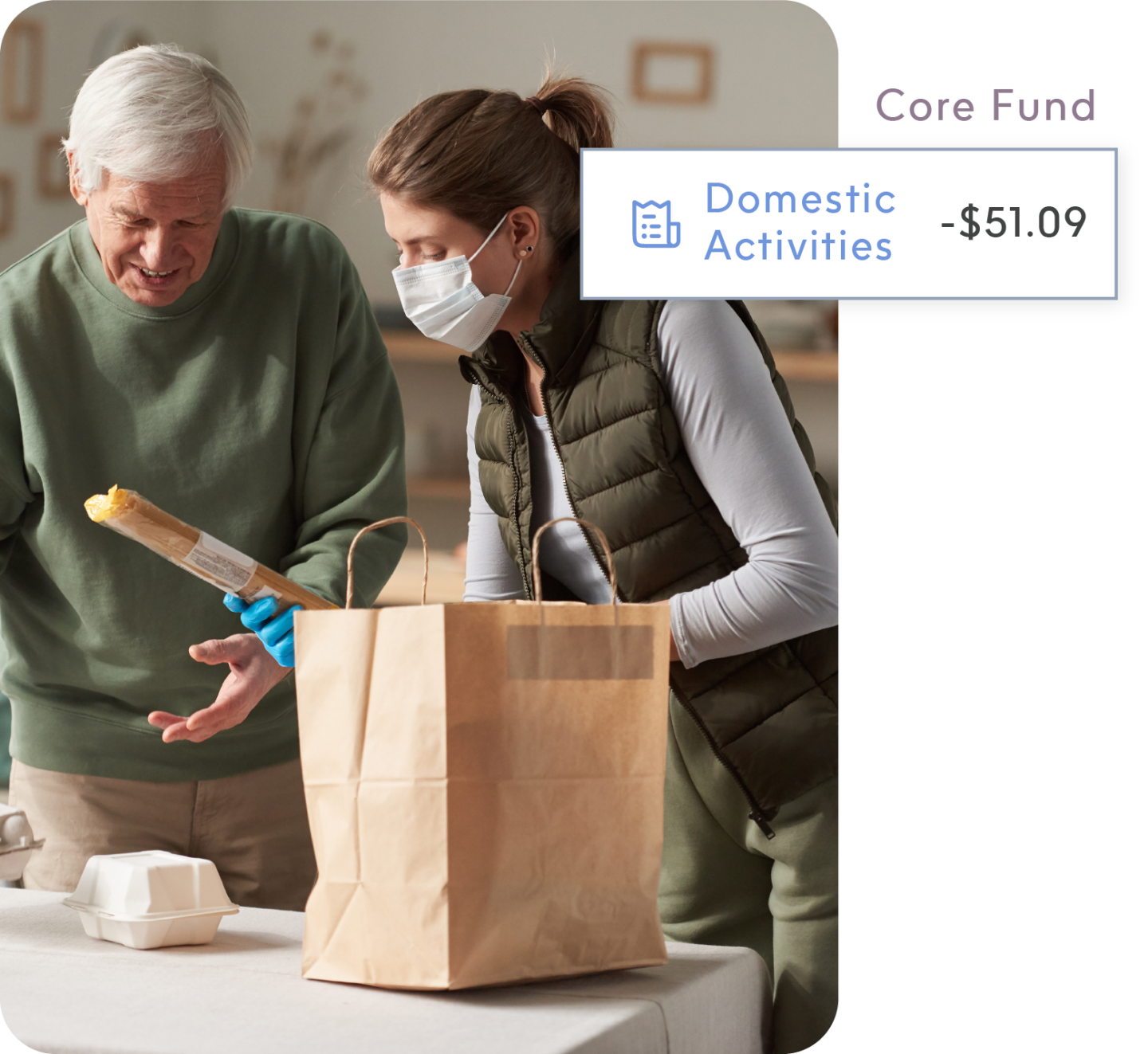 Aged care support worker helping elderly man unpack groceries with funds on ShiftCare showing a deduction from domestic activities