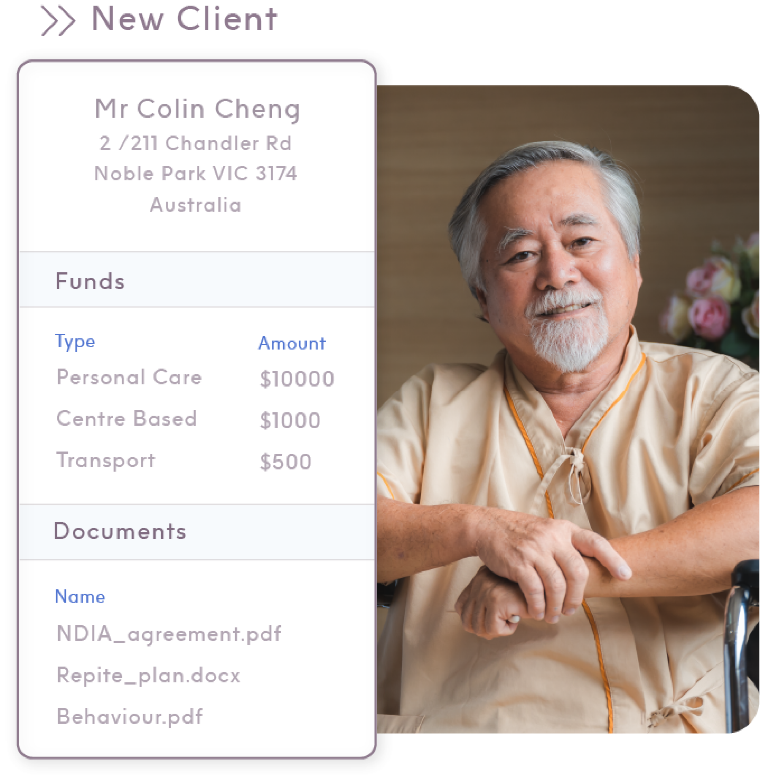 Elderly male client's profile on ShiftCare showing his available funds, documents, name, and address