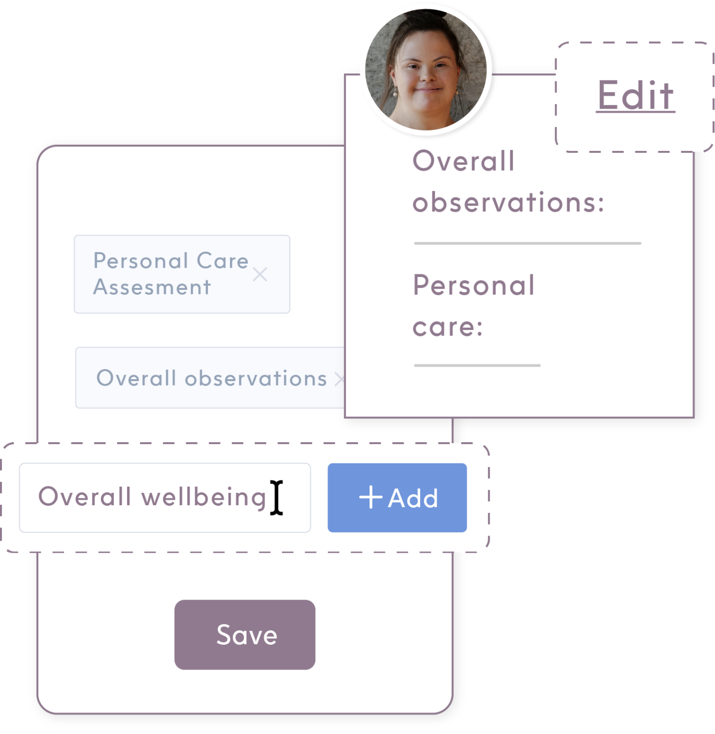 ShiftCare's progress notes function with overall observations, personal care assessment, and wellbeing notes for a female client with disability