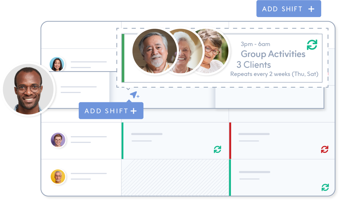 Assigning shifts for multiple aged care clients to a worker using ShiftCare's rostering function