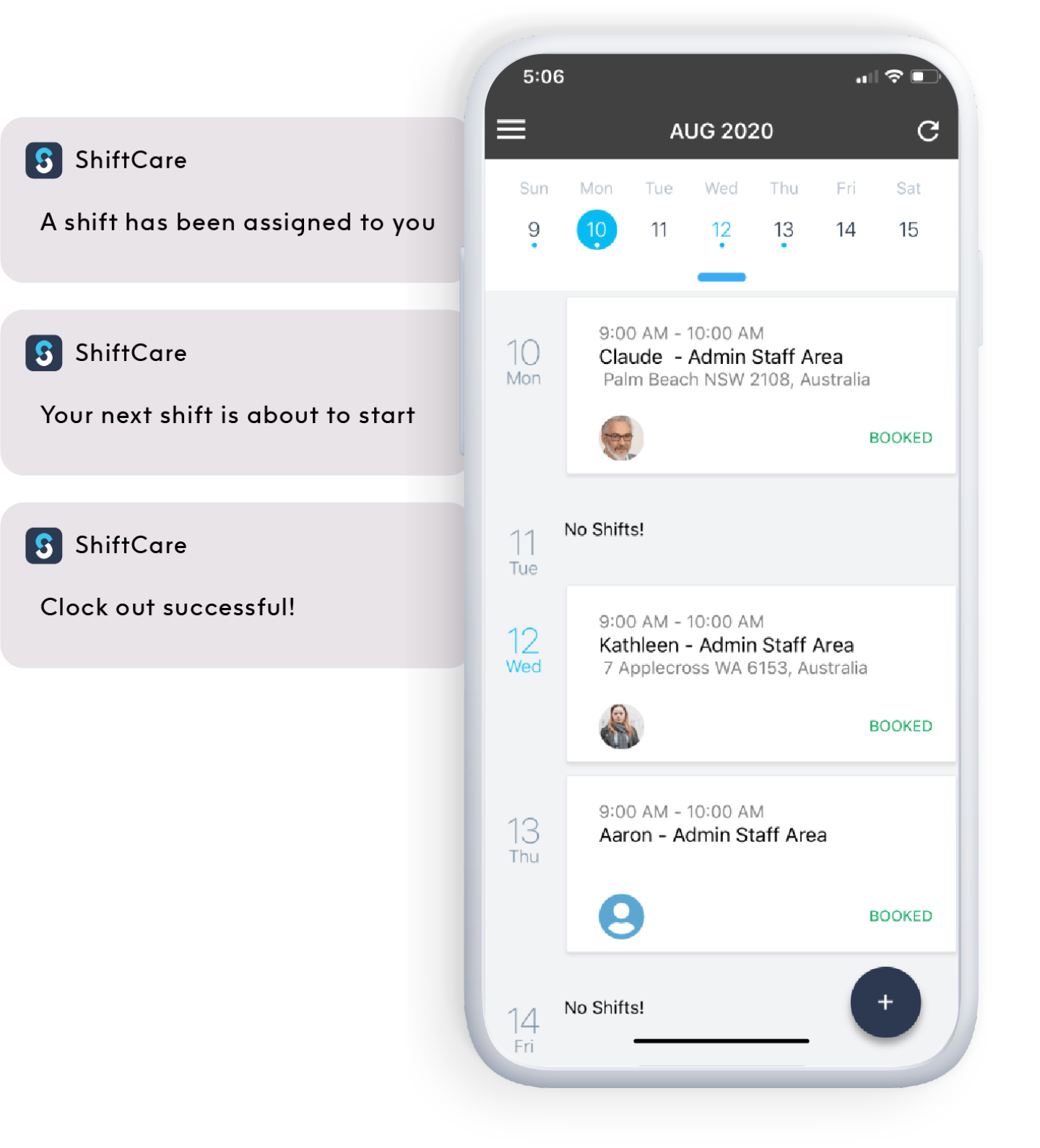 ShiftCare mobile app showing a worker's schedule with notifications for new shifts, upcoming shifts, and successful clock outs