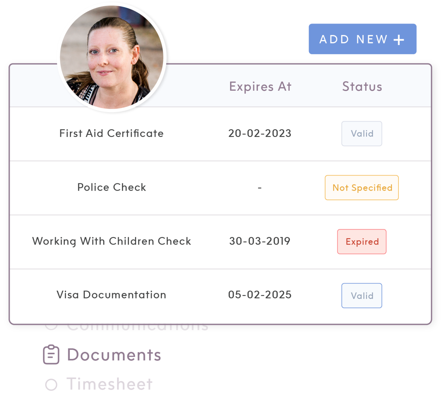 ShiftCare's document management function showing a female support worker's documents and their expiry dates and validity statuses