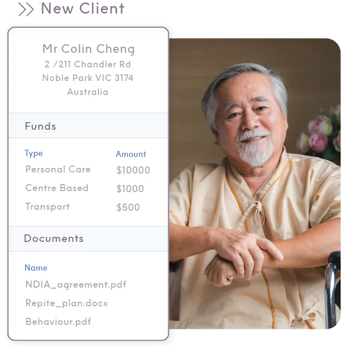 ShiftCare profile for a new client showing allocated funds, care types, and attached NDIS documents.