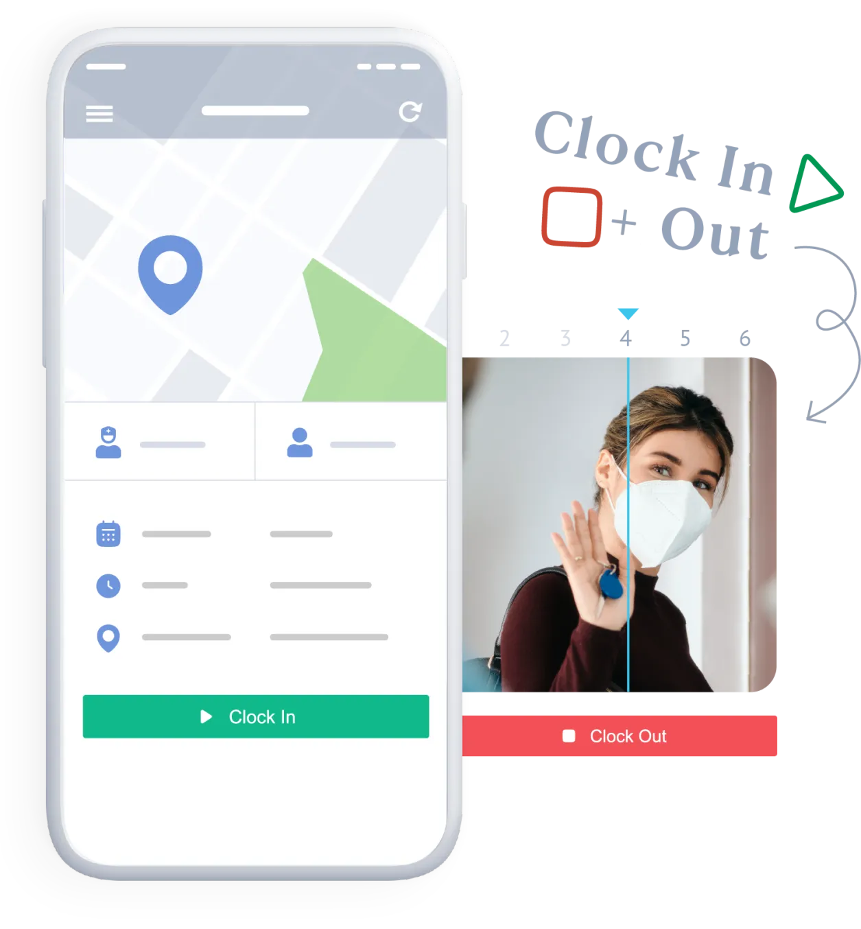 ShiftCare app interface for GPS clock-in and clock-out with integrated facial verification for caregivers.