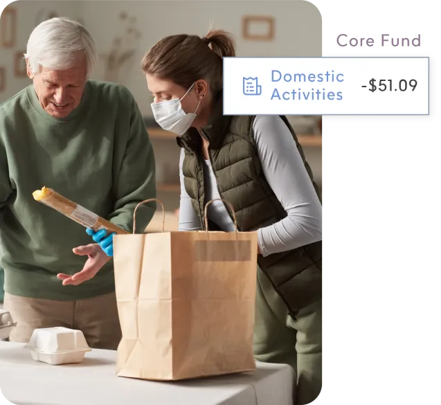 Caregiver assisting an elderly client with groceries, showing a domestic activities core fund deduction.