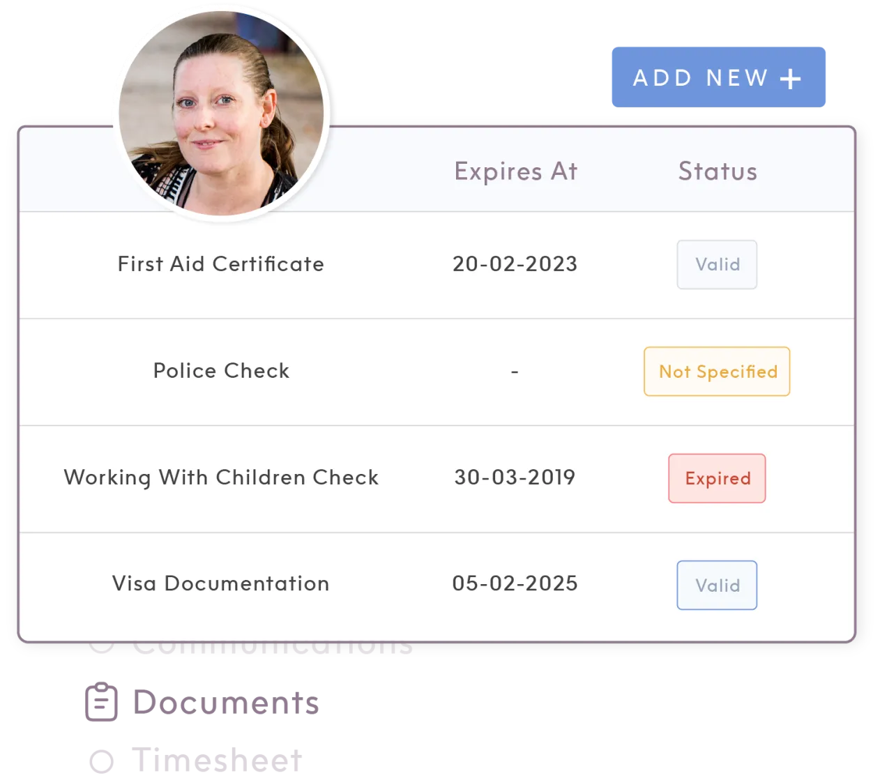 Document management system interface display on ShiftCare compliance.