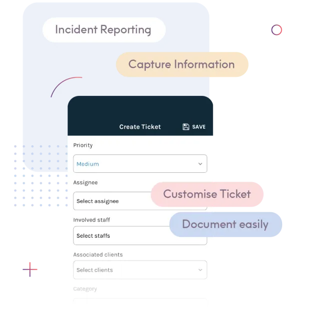 ShiftCare mobile app for incident reporting, showing ticket customization and easy documentation features.