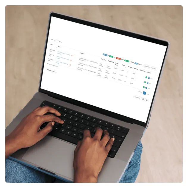 Healthcare worker using ShiftCare on a laptop to manage shift timesheets and client schedules.