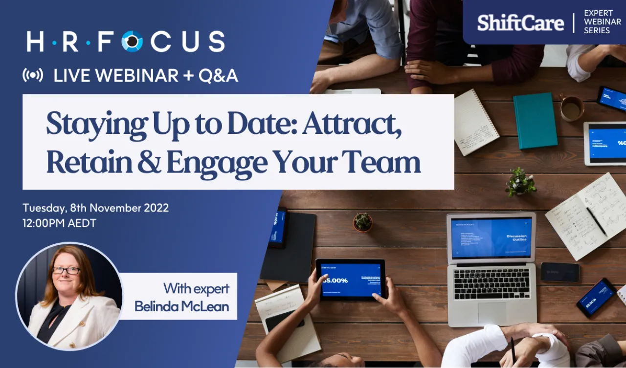 ShiftCare HR Focus webinar banner highlighting workforce engagement strategies.