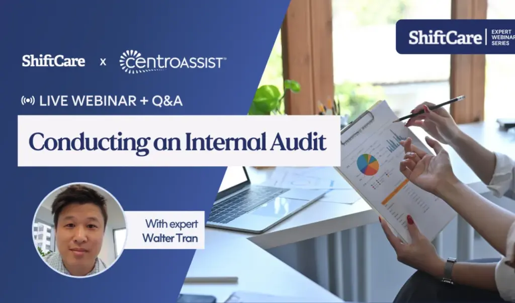 ShiftCare webinar banner promoting “Conducting an Internal Audit” with expert Walter Tran.