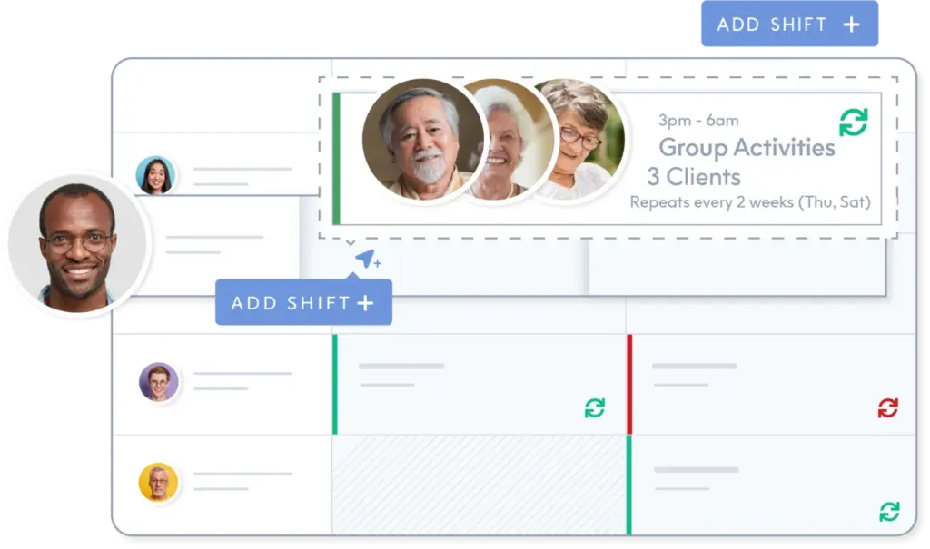 ShiftCare dashboard interface demonstrating the process of adding a new recurring group activity shift.