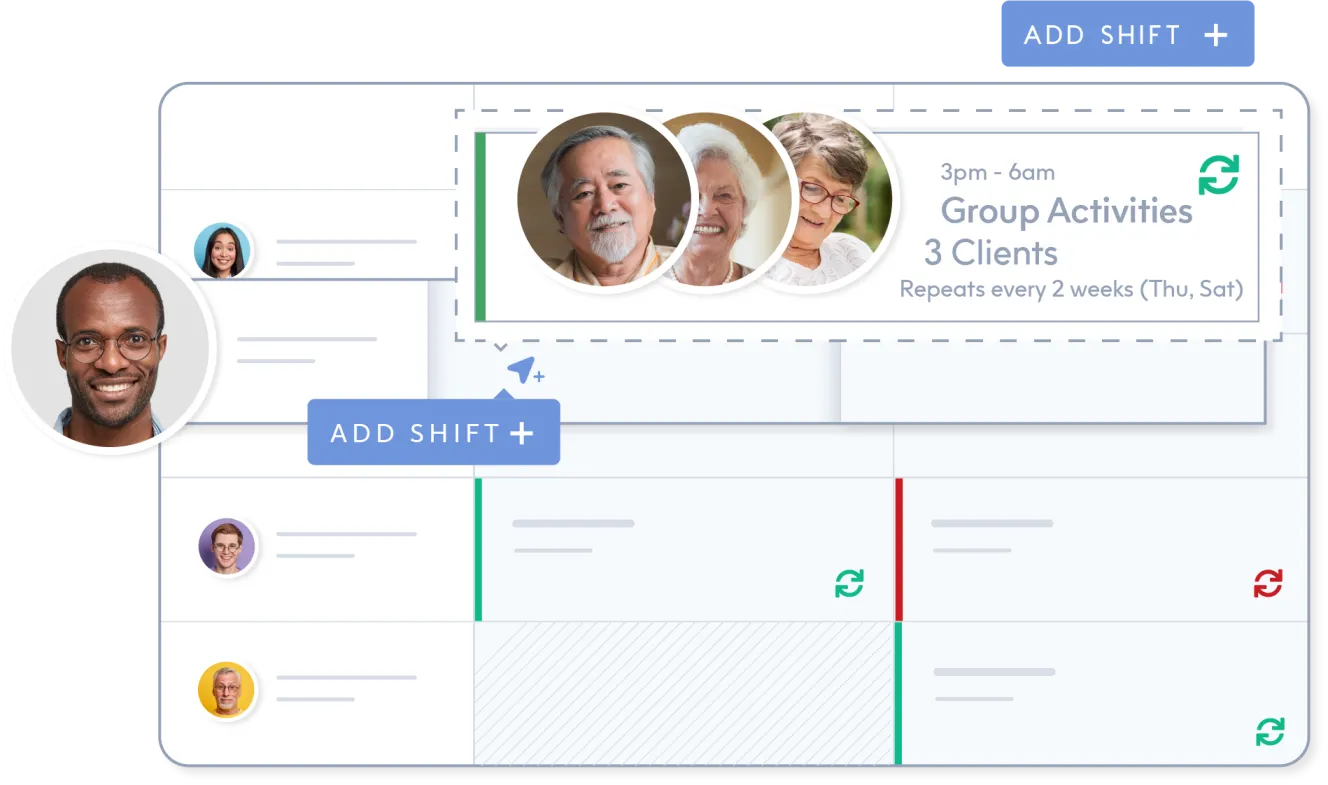 ShiftCare dashboard interface demonstrating the process of adding a new recurring group activity shift.