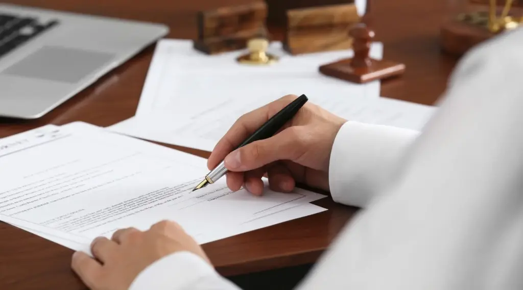 Professional signing documents to ensure business compliance with ShiftCare.