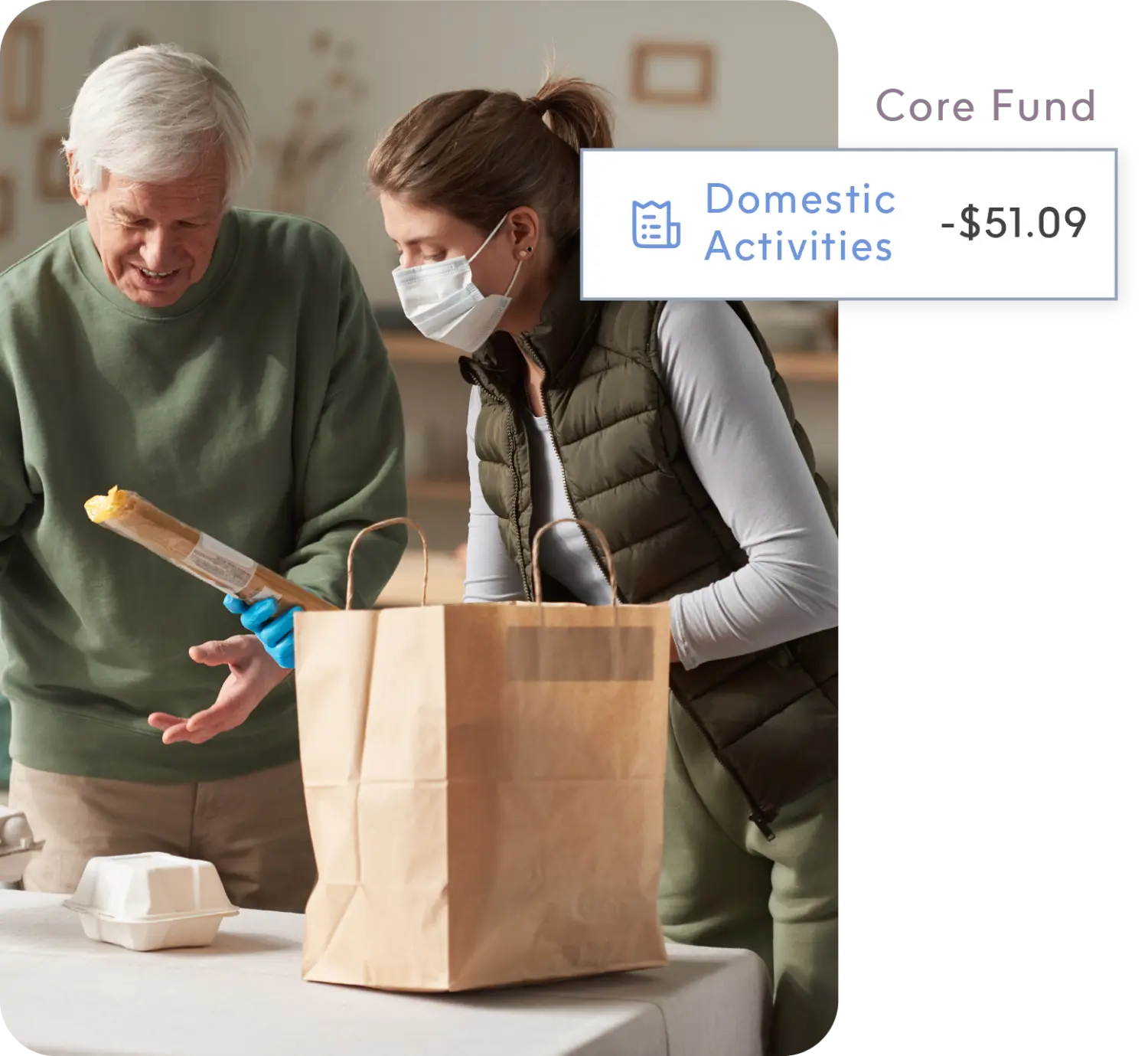 ShiftCare home care worker assisting older adult with daily grocery tasks.