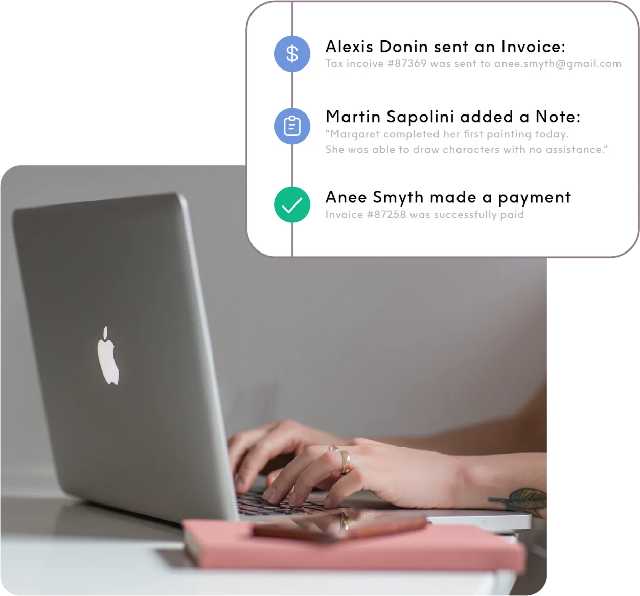 ShiftCare timeline showing invoice status, caregiver progress notes, and successful payment tracking.