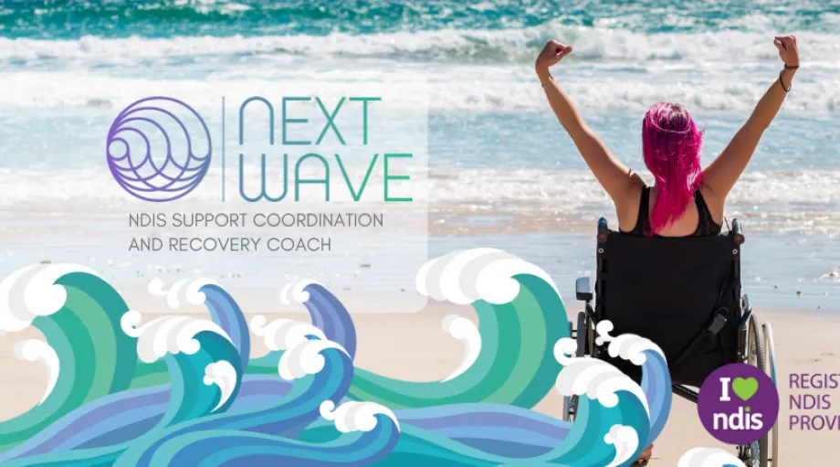 NDIS provider Next Wave promotes support coordination and recovery coaching on the beach.