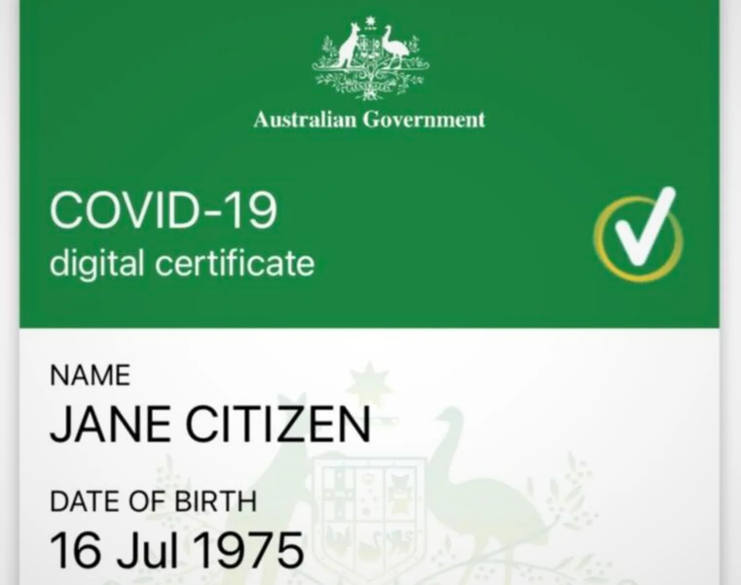 Australian Government COVID-19 digital certificate for vaccination, showing name and date of birth