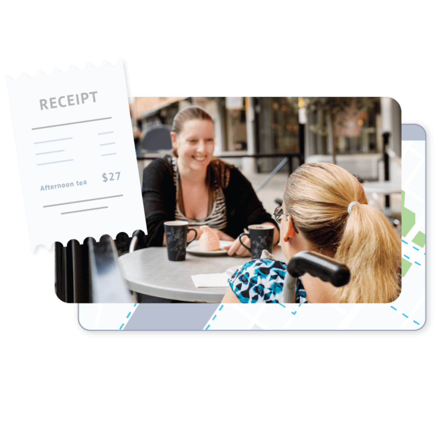 Disability support client and worker enjoy café outing; expense receipt managed in ShiftCare.