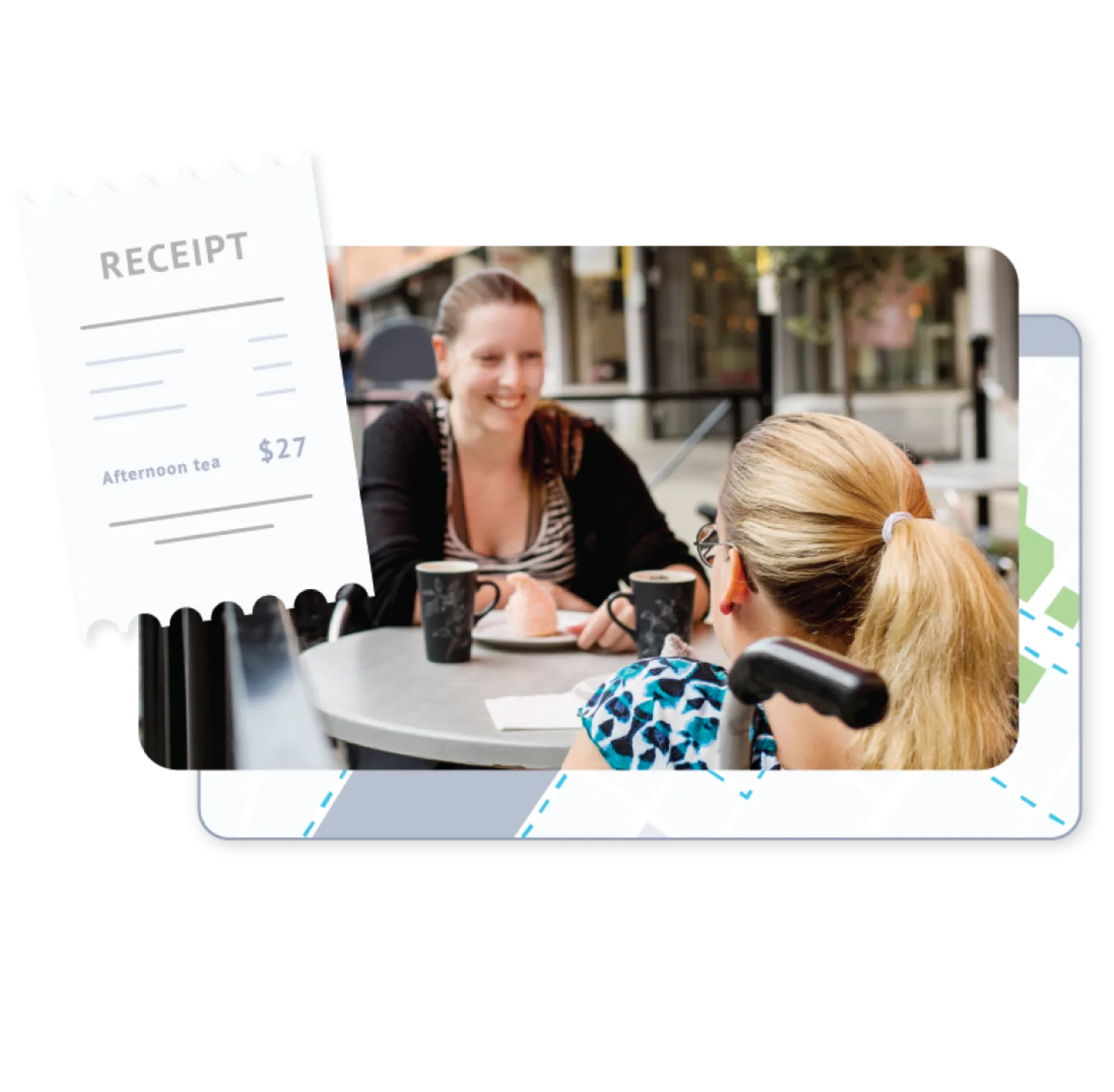 Disability support client and worker enjoy café outing; expense receipt managed in ShiftCare.