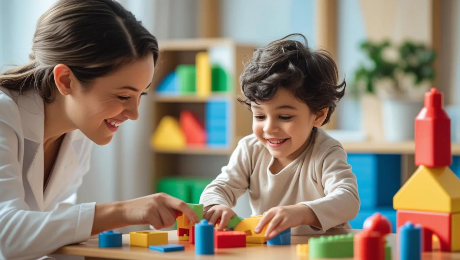 Child learning through play with ABA therapist in colorful therapy room, ShiftCare.