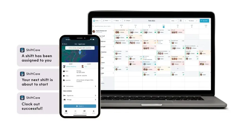ShiftCare platform showing scheduling and roster management tools.