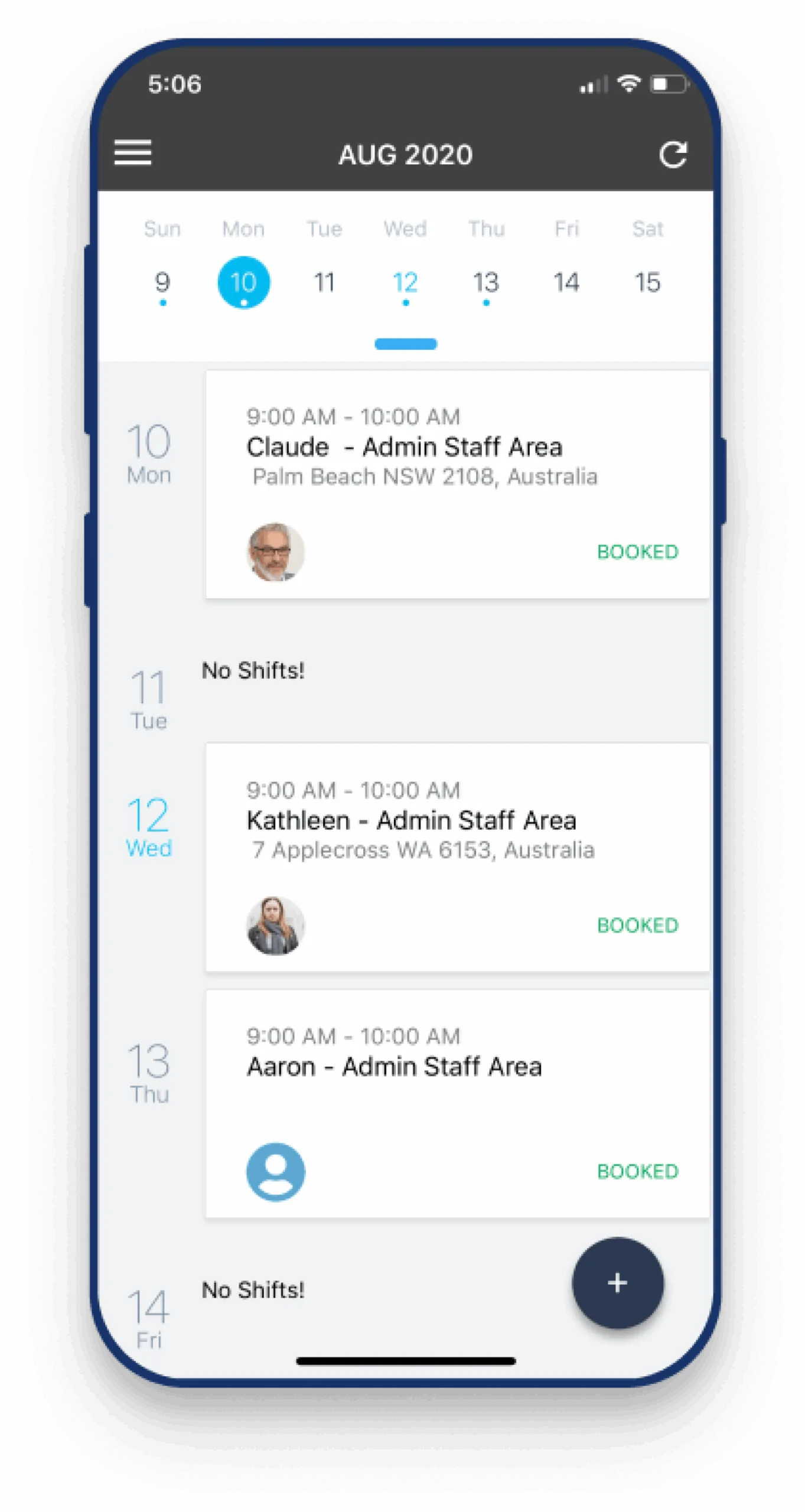 Care team weekly roster shown on ShiftCare mobile app.