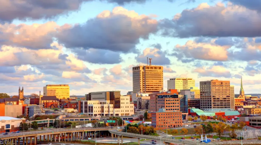 Cityscape of Brunswick during sunset, highlighting local businesses and care providers.