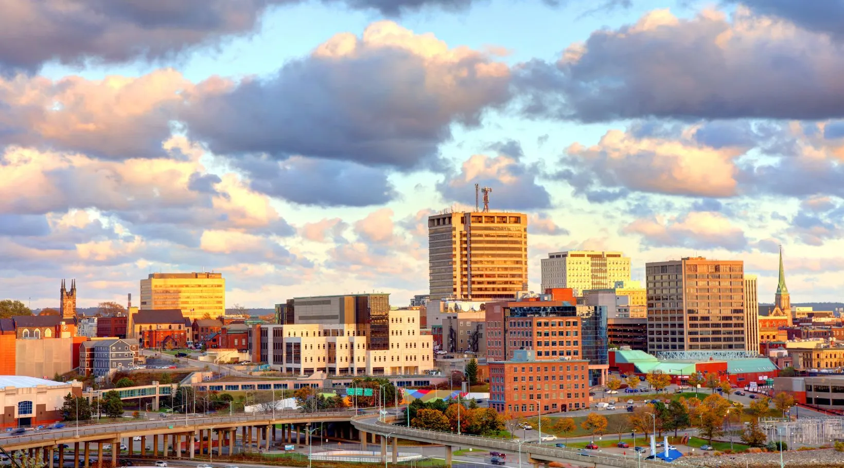 Cityscape of Brunswick during sunset, highlighting local businesses and care providers.