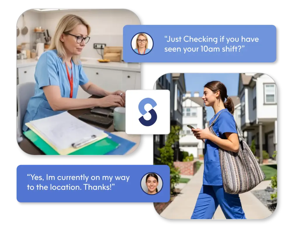 Care team using ShiftCare messaging to confirm shifts and communicate real-time updates