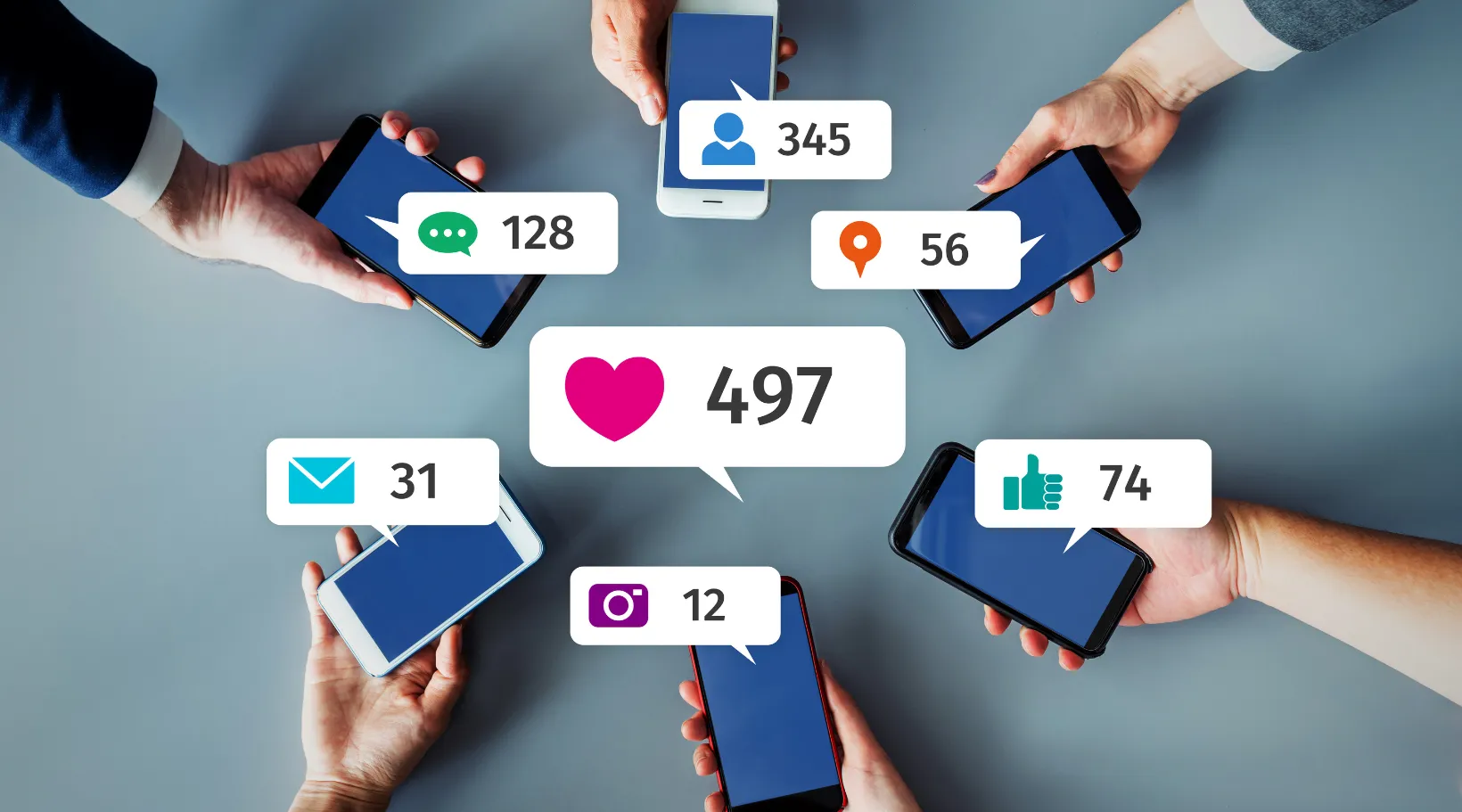 Group using mobile phones to track social media engagement metrics, ShiftCare.
