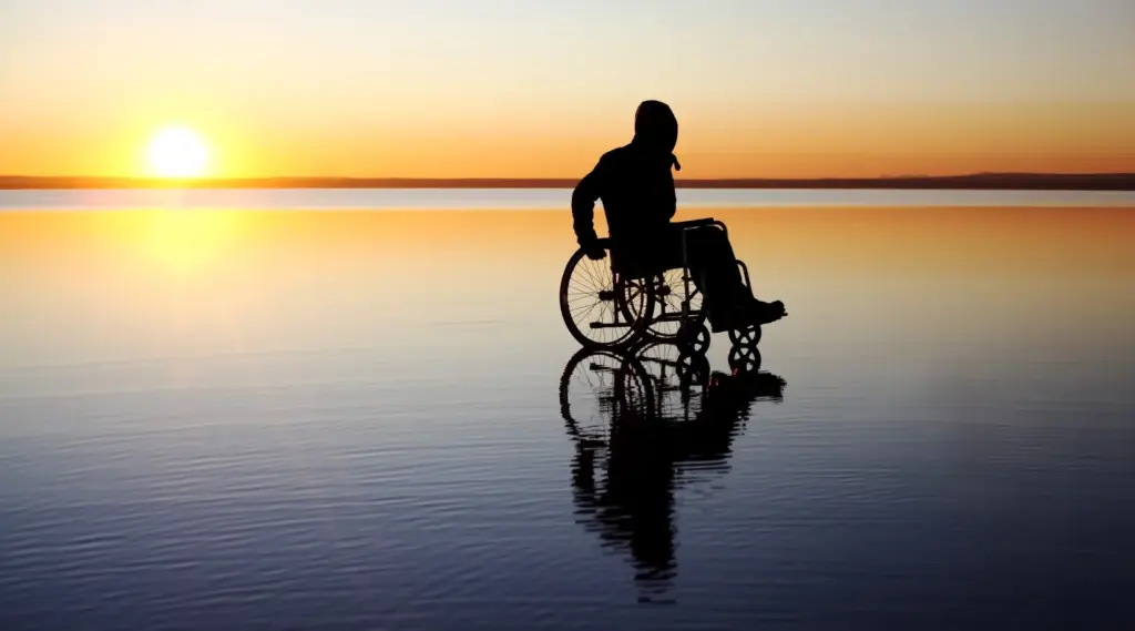 Person using wheelchair by the water at sunset representing independence supported by home care services.