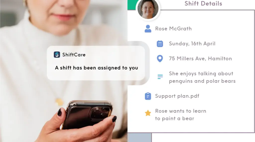 ShiftCare app alert showing caregiver assigned to new client with care plan details.