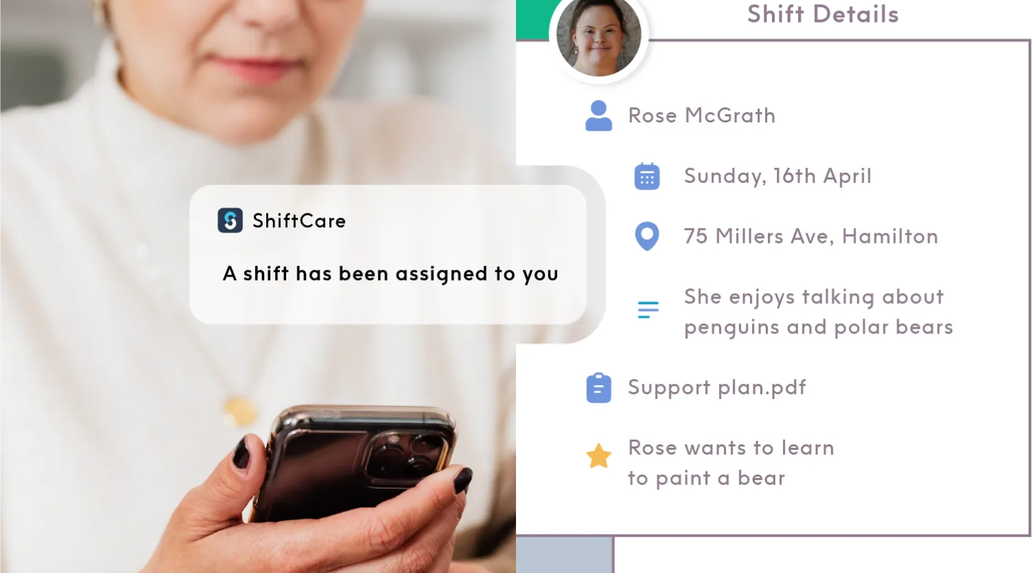 ShiftCare app alert showing caregiver assigned to new client with care plan details.