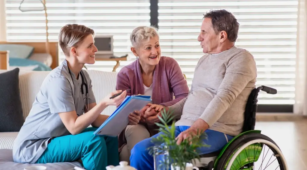 Elderly couple consulting nurse about care services, ShiftCare.