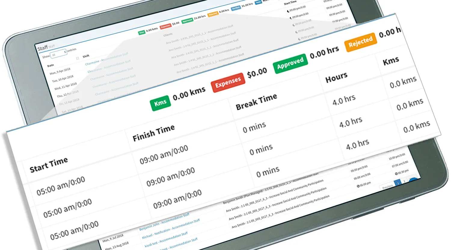 Electronic timesheet for carers on ShiftCare platform.