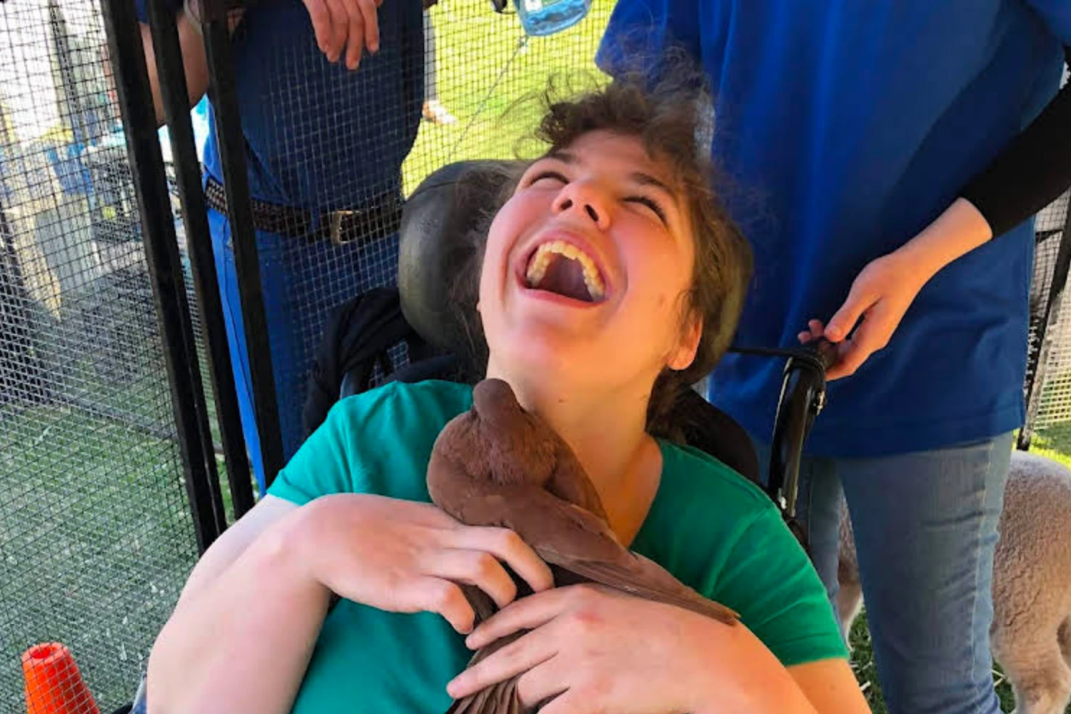 Laughing woman in wheelchair holds a bird, sharing happiness during a ShiftCare-supported activity.
