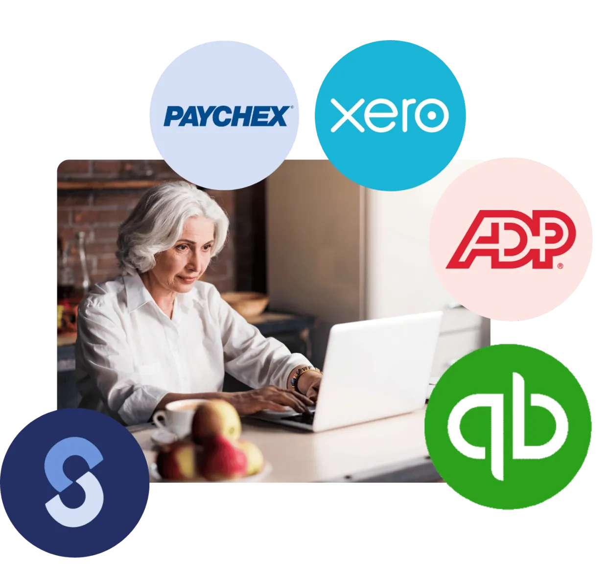 Care provider managing payroll and accounting tasks on a laptop using integrated software.