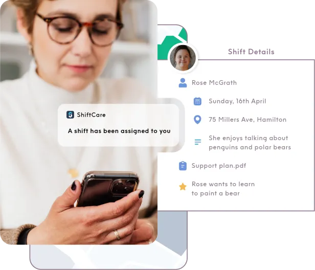 ShiftCare mobile notification and shift details view showing client interests and support plan goals.