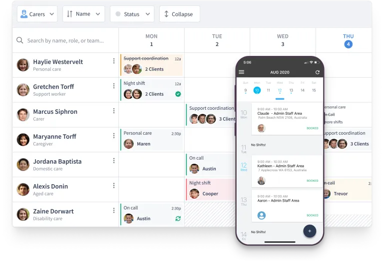 ShiftCare desktop and mobile calendar view for managing support worker rosters and client bookings.