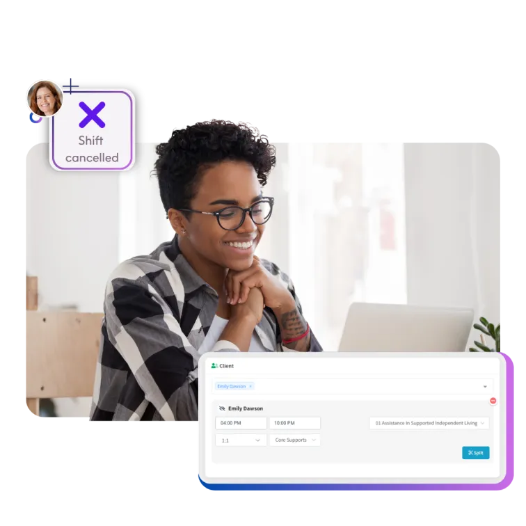 Caregiver managing cancelled shift using ShiftCare home care software dashboard