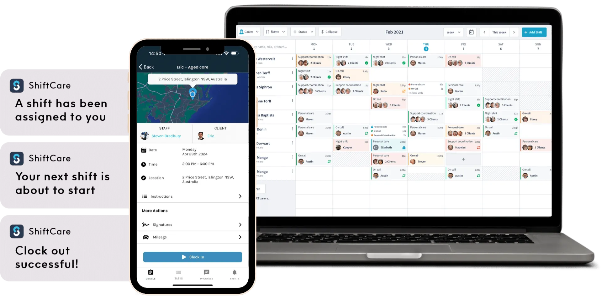 ShiftCare scheduler on a laptop and mobile app with real-time shift notifications and clock-in features.
