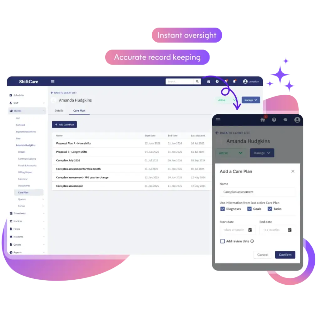 ShiftCare web and mobile interface for adding care plans with automated goals, tasks, and record keeping.