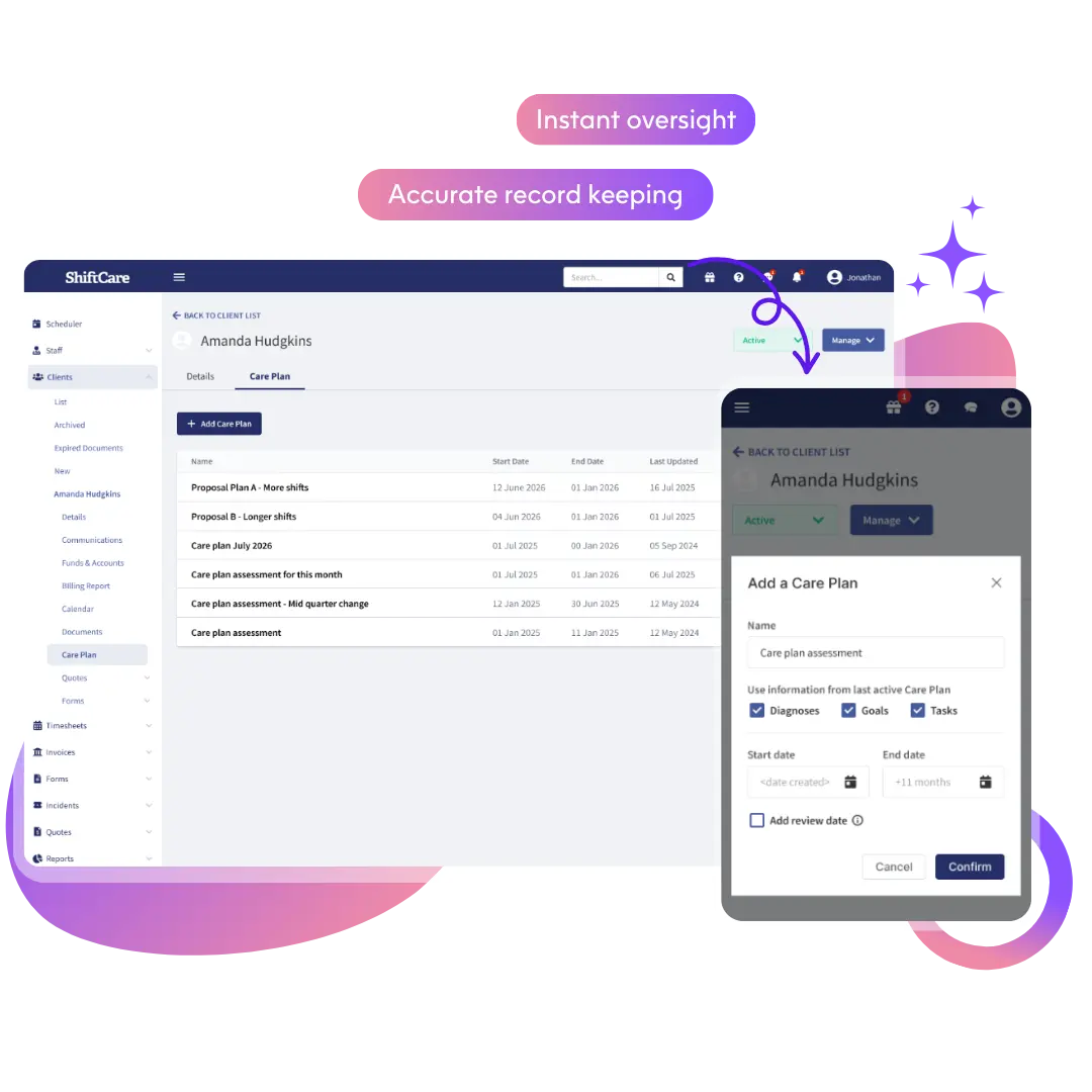 ShiftCare web and mobile interface for adding care plans with automated goals, tasks, and record keeping.